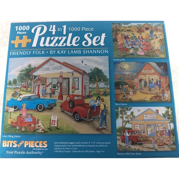 Friendly Folk 4 in 1 1000 Piece Jigsaw Puzzles Set by Kay Lamb Shannon - Picture 1 of 3